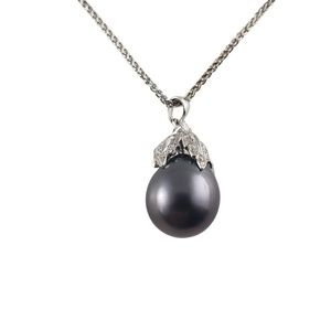 Vintage 18K White Gold Tahitian Pearl Diamond Pendant Necklace JAGi cert. #13701